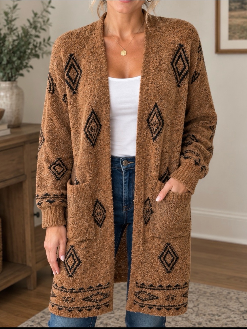 No Boundaries Brown Open-Front Diamond Pattern Cardigan